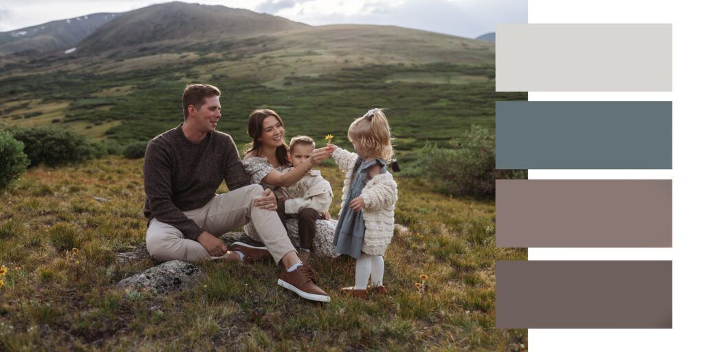 Picture of an outdoor family photo session with sample color palette.
