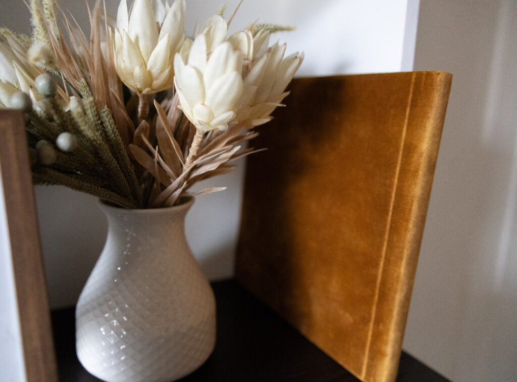 Velvet family photo album on a bookshelf.